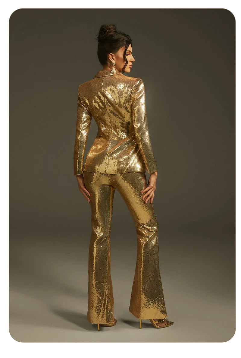 Luxury Gold Sequin Blazer Pants Set