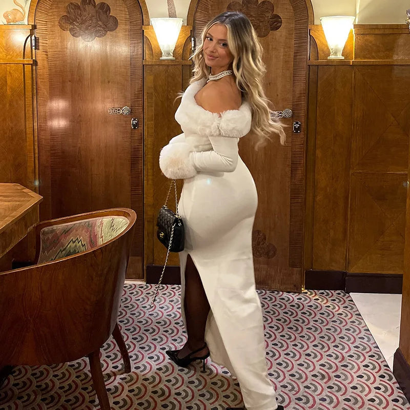 Fur Collar Off One Shoulder Bodycon Dress