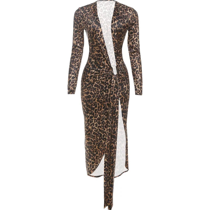 Leopard V-Neck Ruched Dress