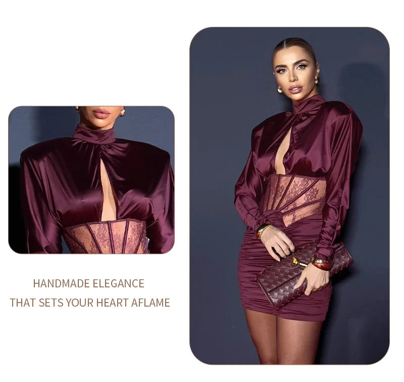 Burgundy Satin Corset Ruched Dress