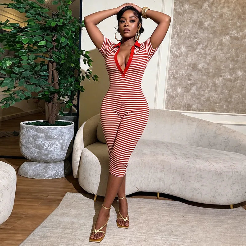 Deep V-Neck Striped Romper