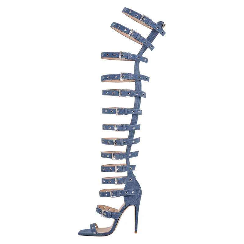 Denim Buckle Stiletto Boot Sandals