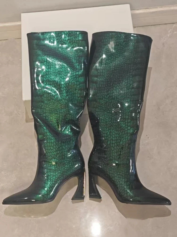 Crocodile Chunky Heel Boots