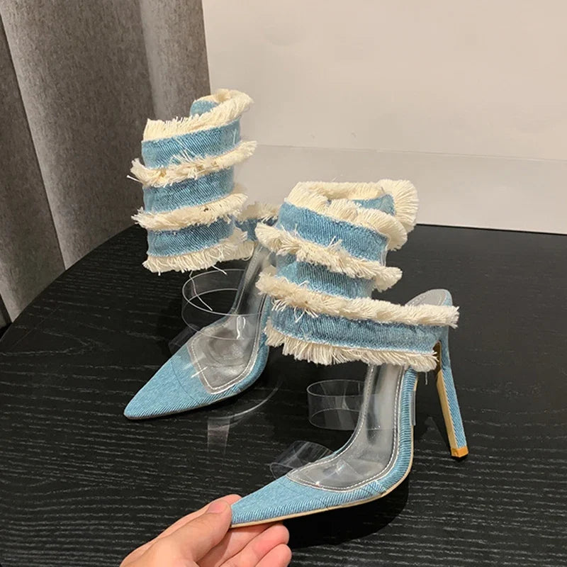 Denim Ankle Strap Heels