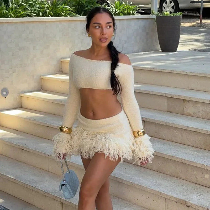 Knit Sweater Fringe Skirt Set