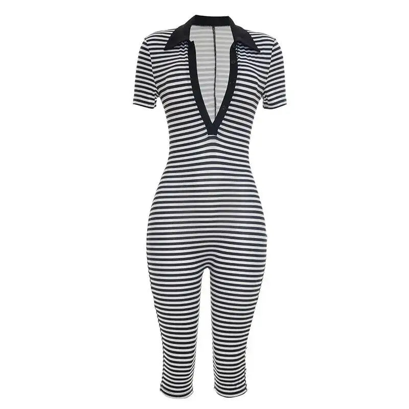 Deep V-Neck Striped Romper