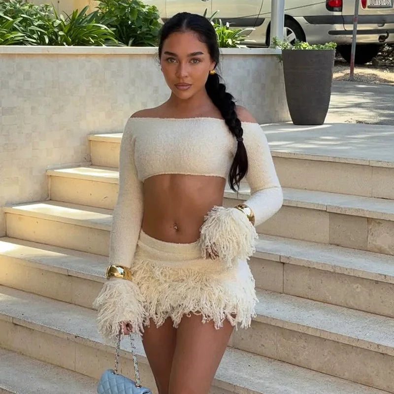 Knit Sweater Fringe Skirt Set