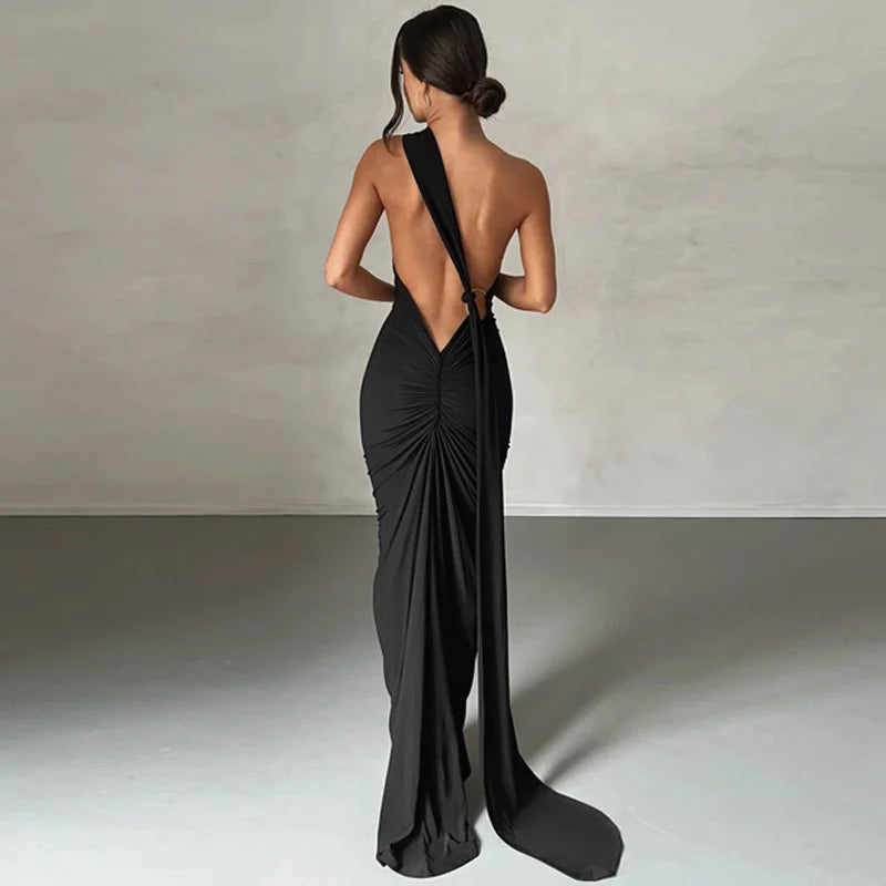 Oblique Backless Ruched Maxi Dress