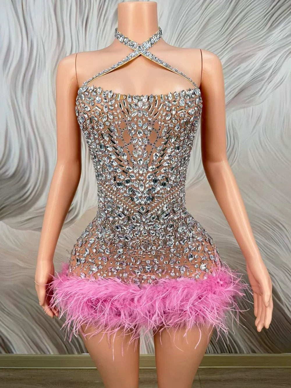 Naya Rhinestone Feather Mini Dress