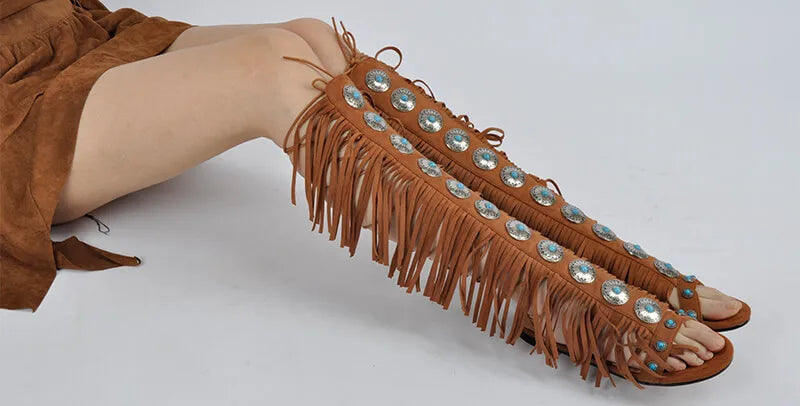 Lace Up Fringe Sandals
