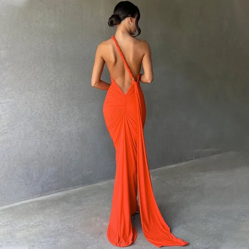 Oblique Backless Ruched Maxi Dress