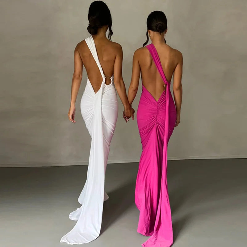 Oblique Backless Ruched Maxi Dress