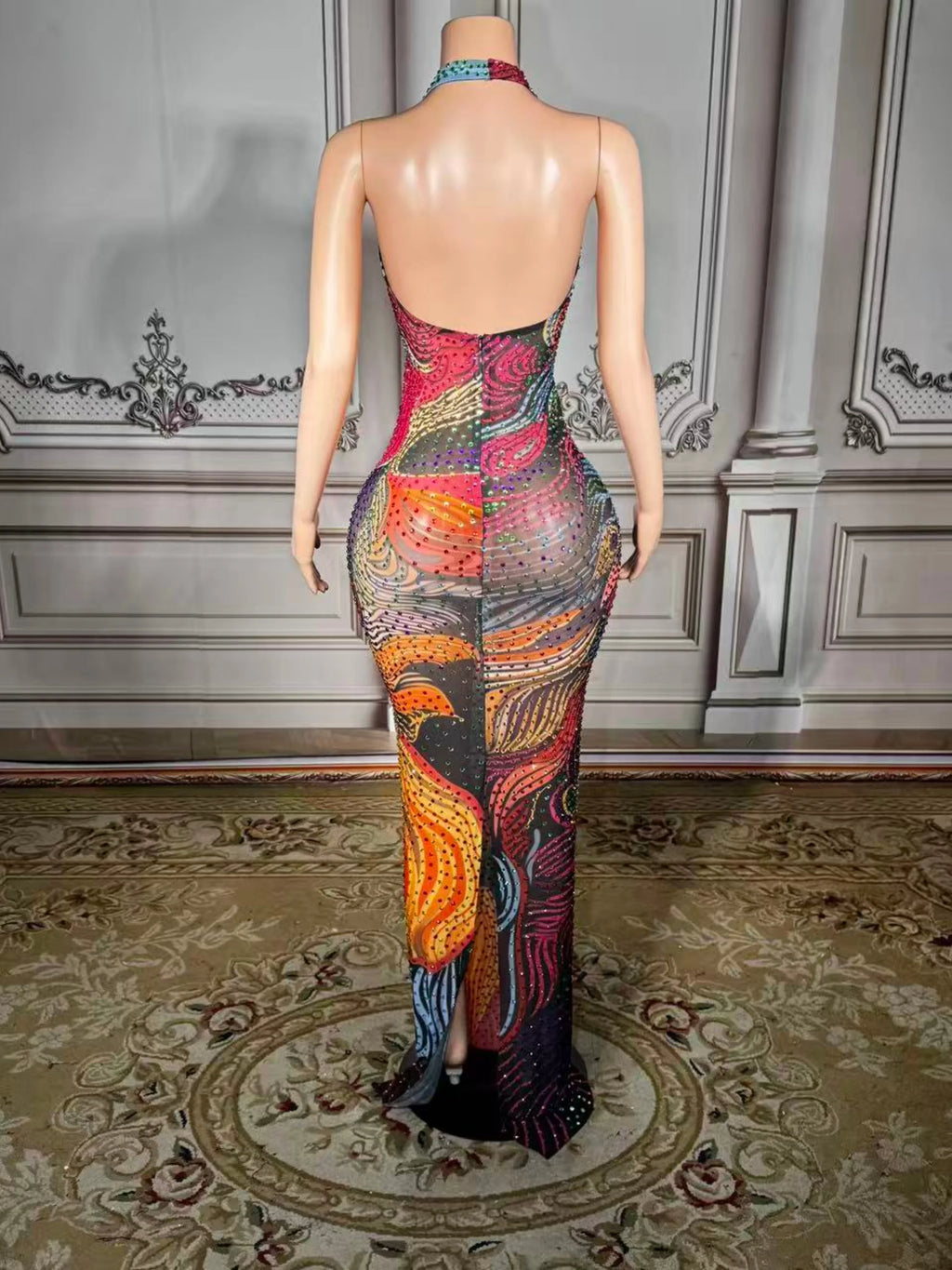 Luxe Rhinestone Mesh Maxi Dress