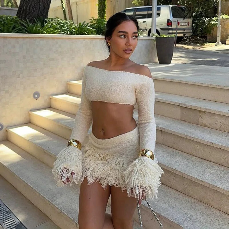 Knit Sweater Fringe Skirt Set