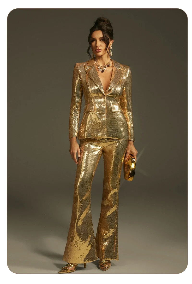 Luxury Gold Sequin Blazer Pants Set