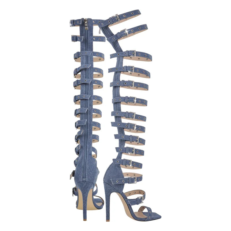 Denim Buckle Stiletto Boot Sandals