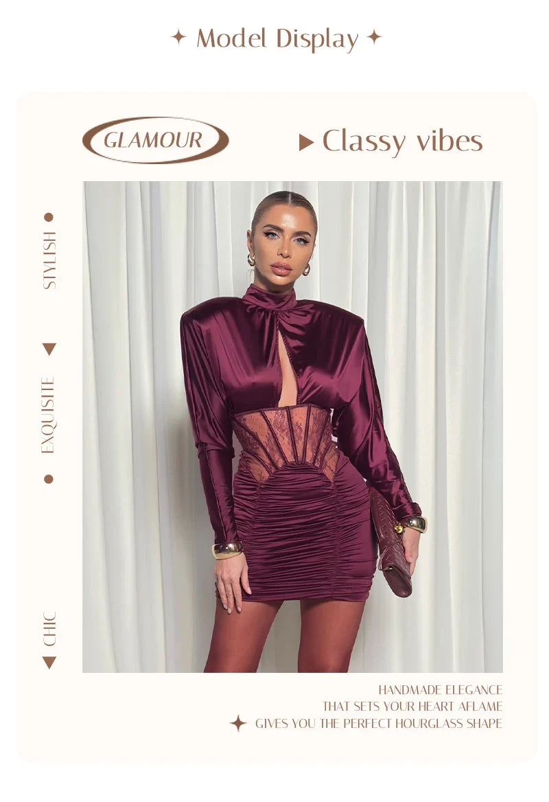 Burgundy Satin Corset Ruched Dress
