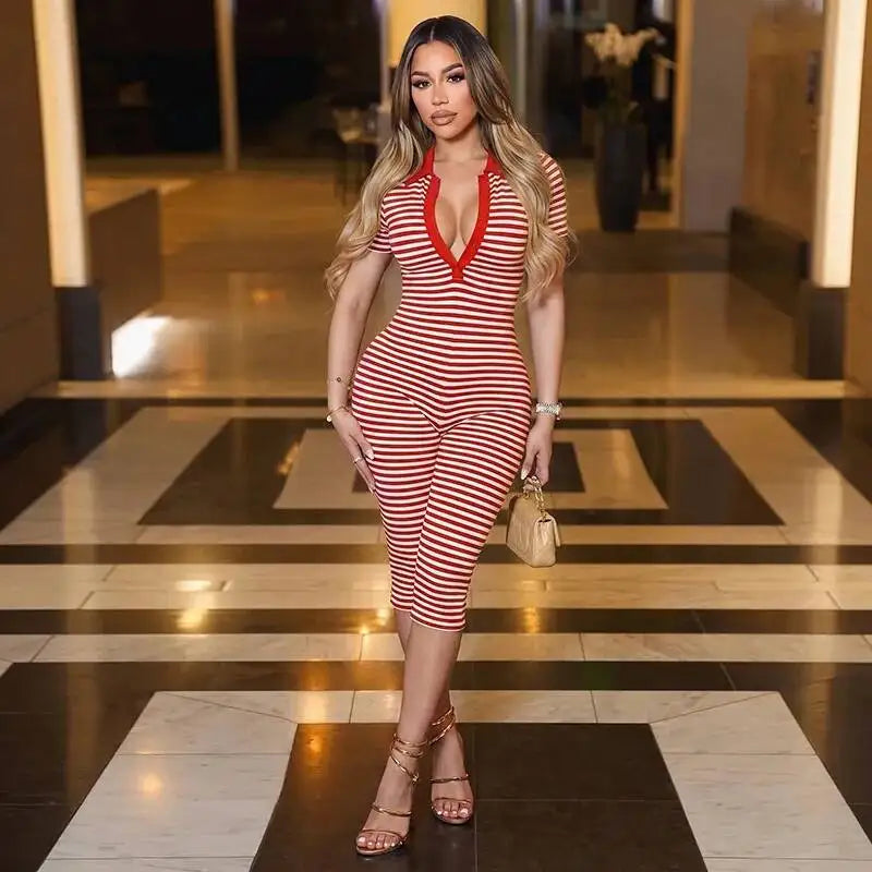 Deep V-Neck Striped Romper