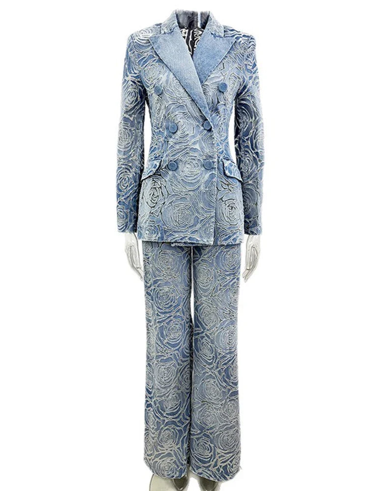 Blue Denim Blazer Pants Set