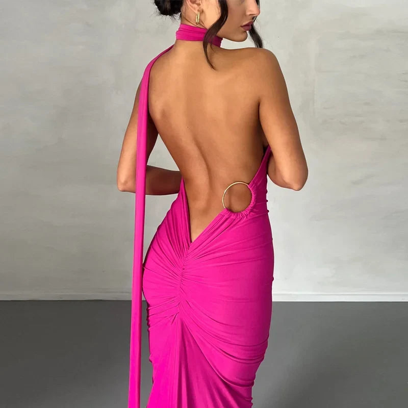 Oblique Backless Ruched Maxi Dress