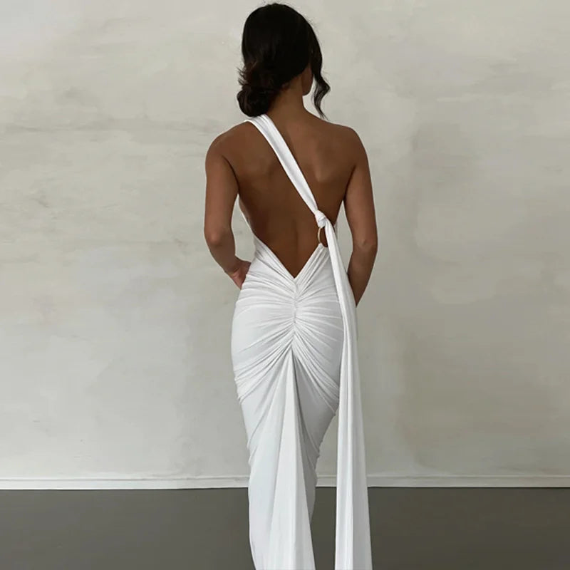 Oblique Backless Ruched Maxi Dress