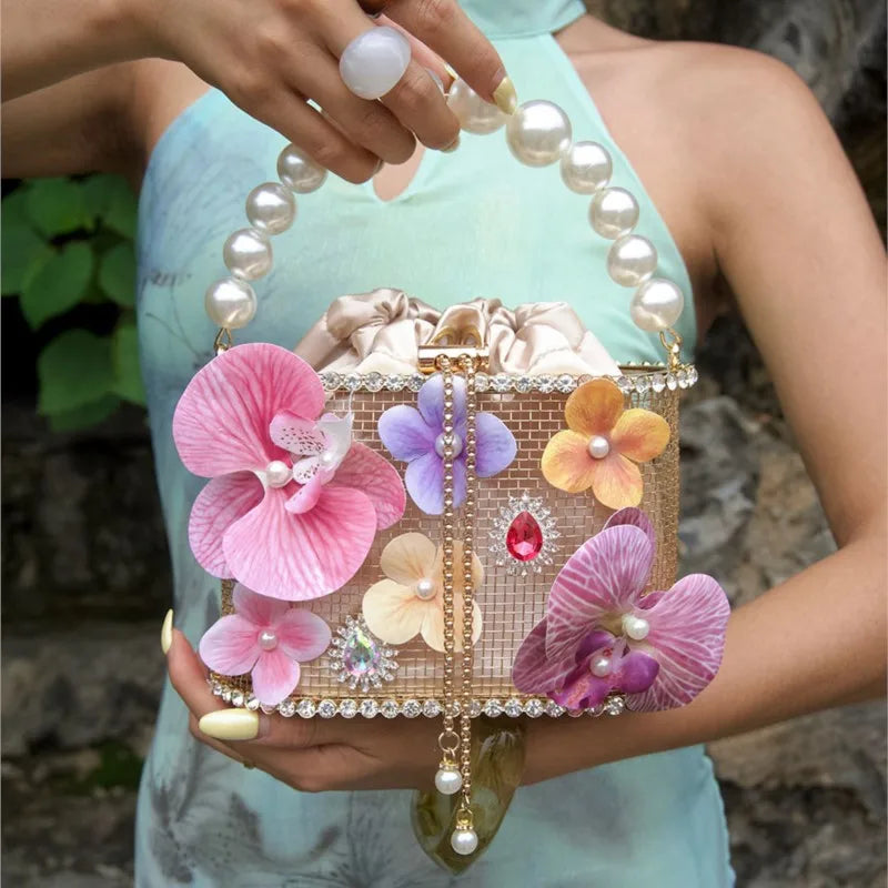Flower Beaded Bucket Handbag