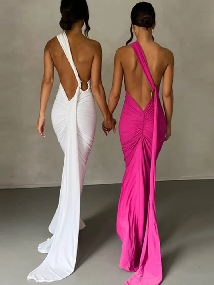 Oblique Backless Ruched Maxi Dress