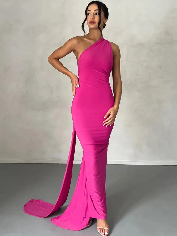Oblique Backless Ruched Maxi Dress