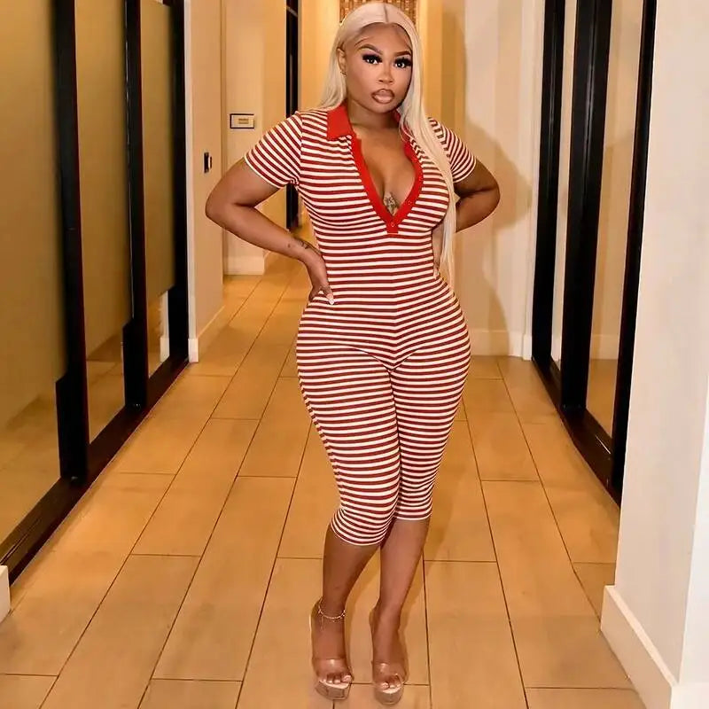 Deep V-Neck Striped Romper