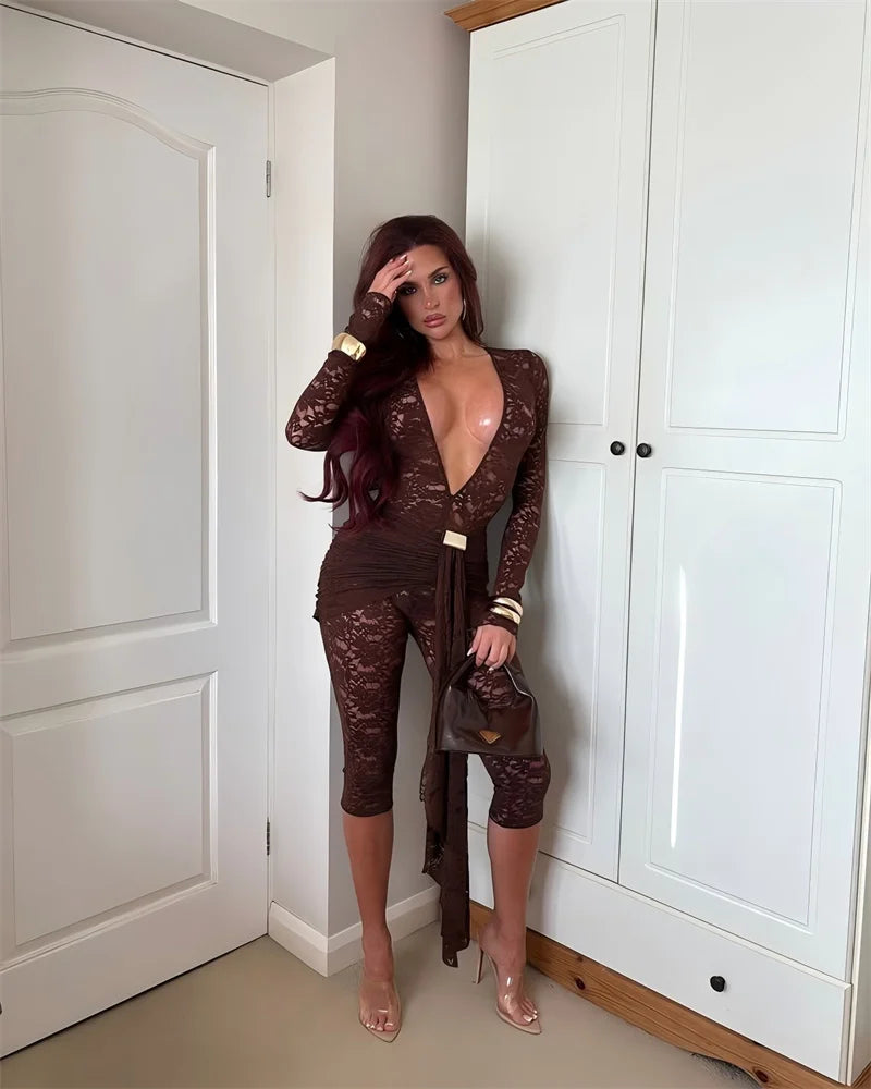 Lace Ruched Deep V-Neck Romper