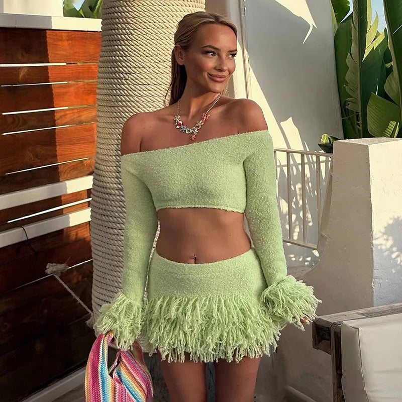 Knit Sweater Fringe Skirt Set