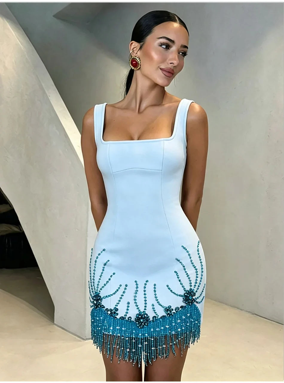 Crystal Embellished Fringe Bandage Mini Dress
