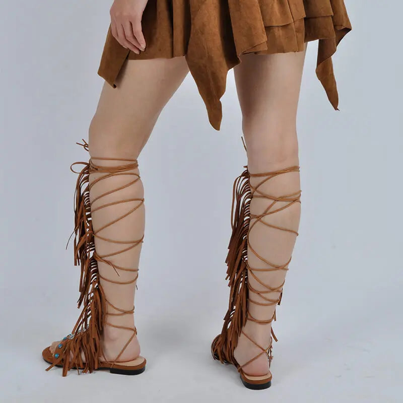 Lace Up Fringe Sandals