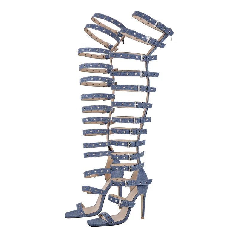 Denim Buckle Stiletto Boot Sandals