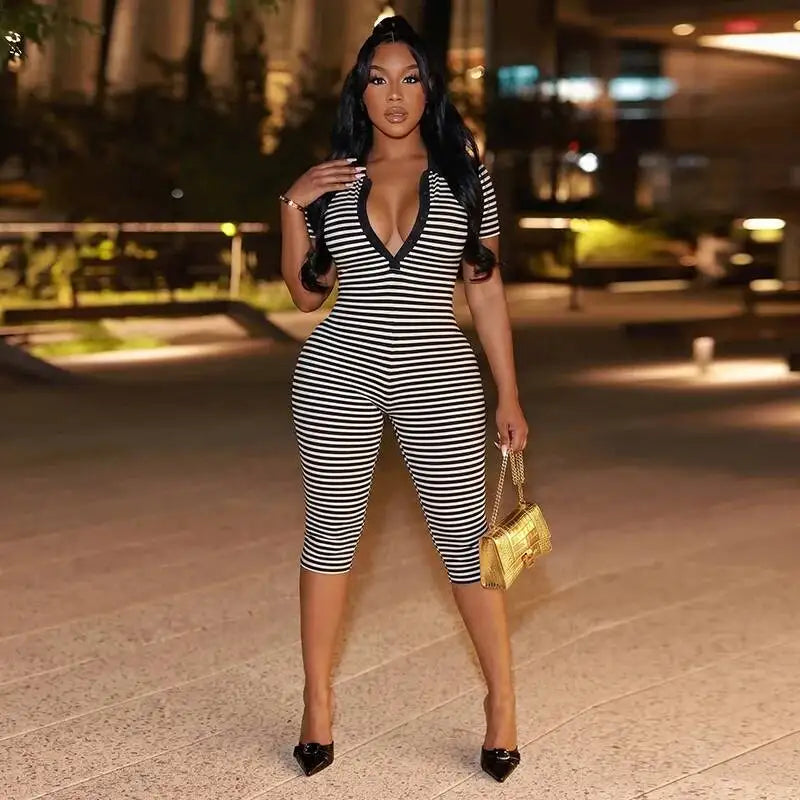 Deep V-Neck Striped Romper