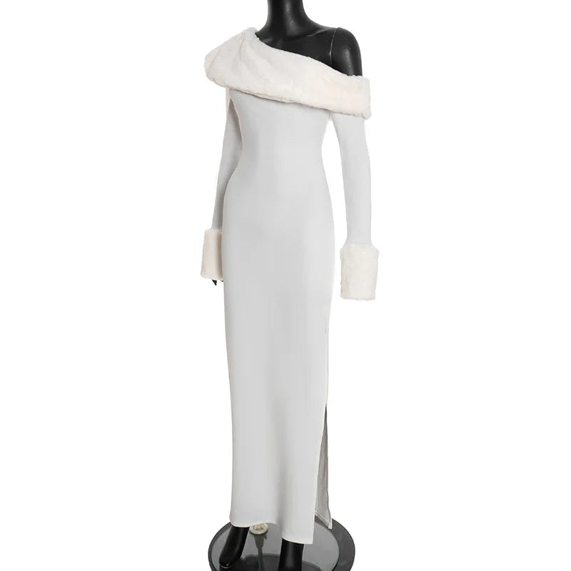Fur Collar Off One Shoulder Bodycon Dress