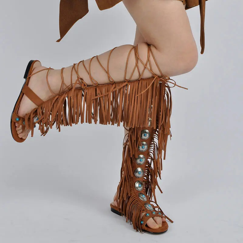 Lace Up Fringe Sandals