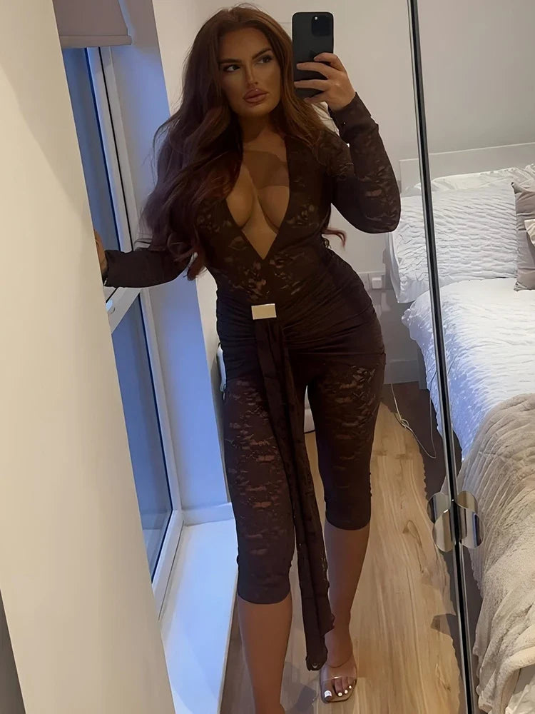 Lace Ruched Deep V-Neck Romper