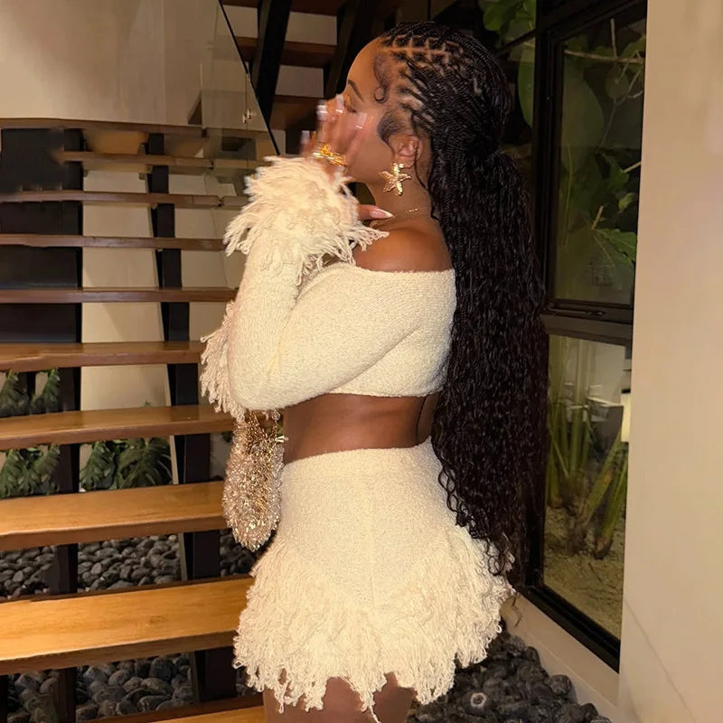 Knit Sweater Fringe Skirt Set