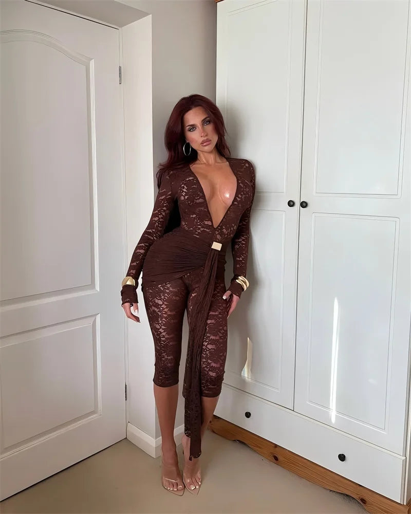 Lace Ruched Deep V-Neck Romper