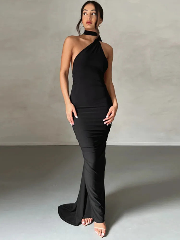 Oblique Backless Ruched Maxi Dress