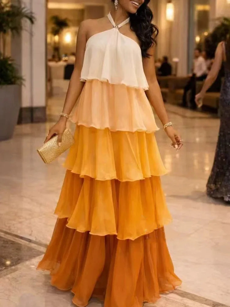 Ombre Tiered Chiffon Maxi Dress