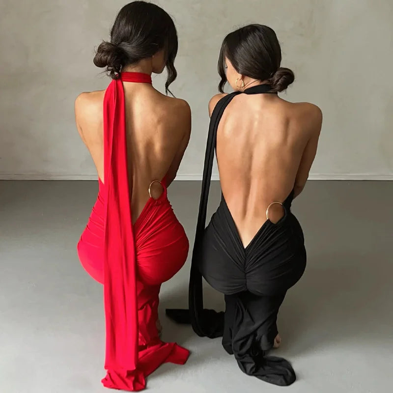 Oblique Backless Ruched Maxi Dress