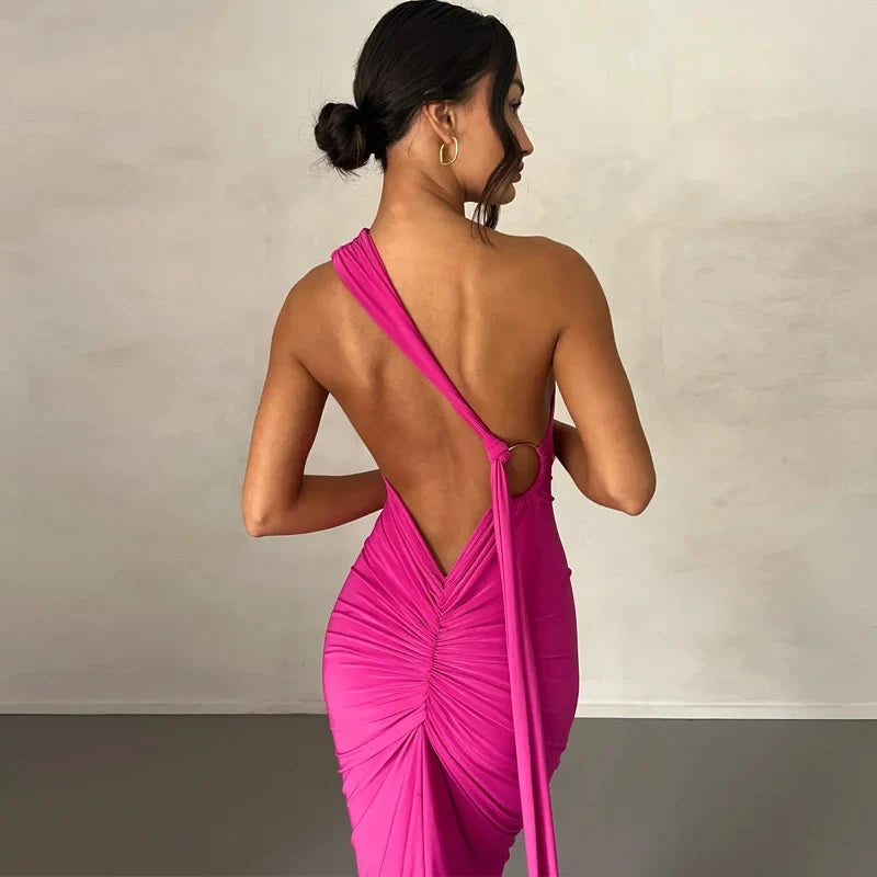Oblique Backless Ruched Maxi Dress