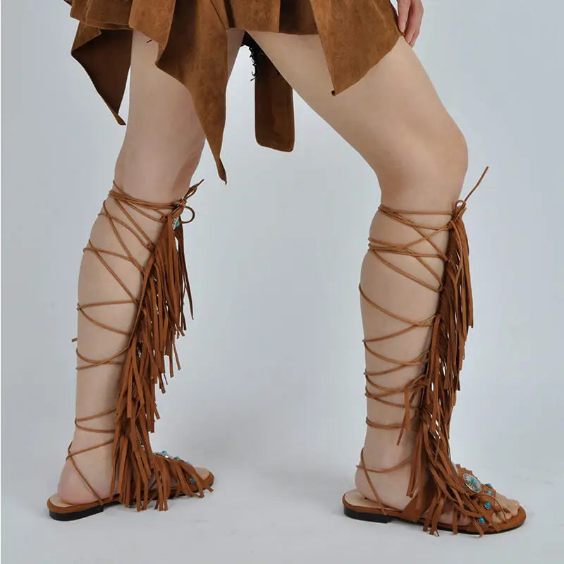 Lace Up Fringe Sandals