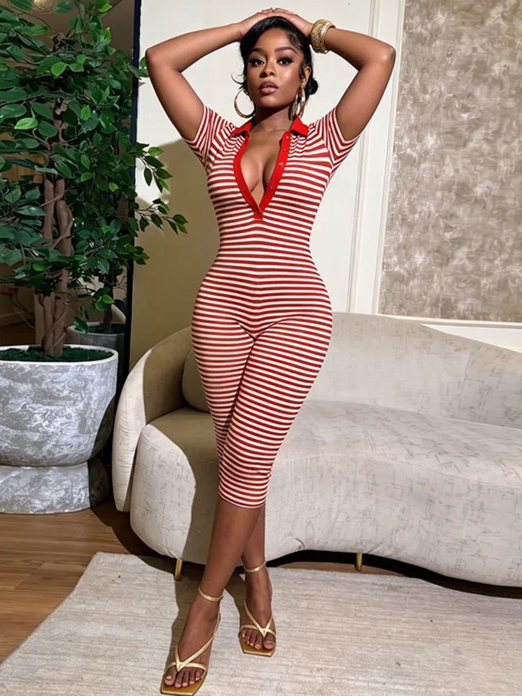 Deep V-Neck Striped Romper