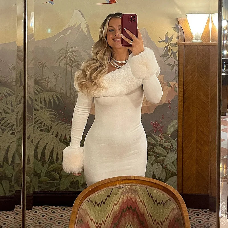 Fur Collar Off One Shoulder Bodycon Dress