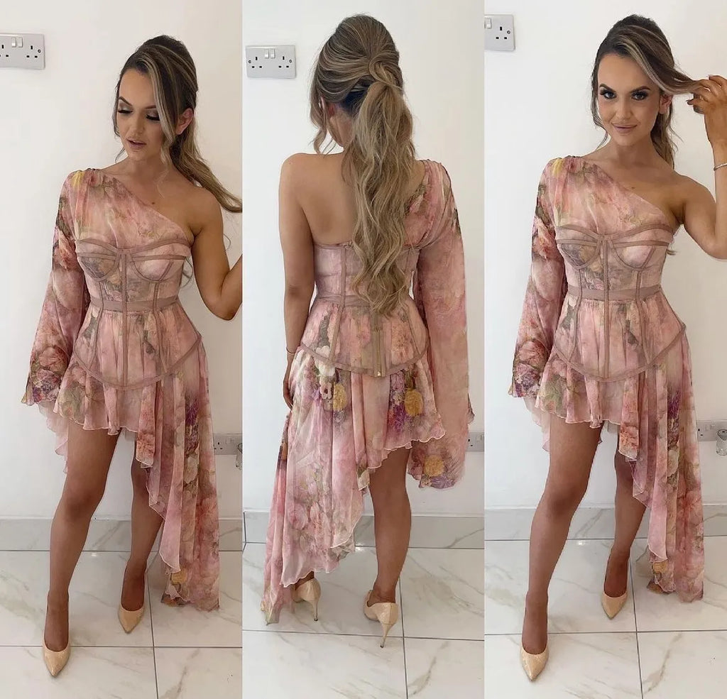 Floral Corset One Shoulder Dress