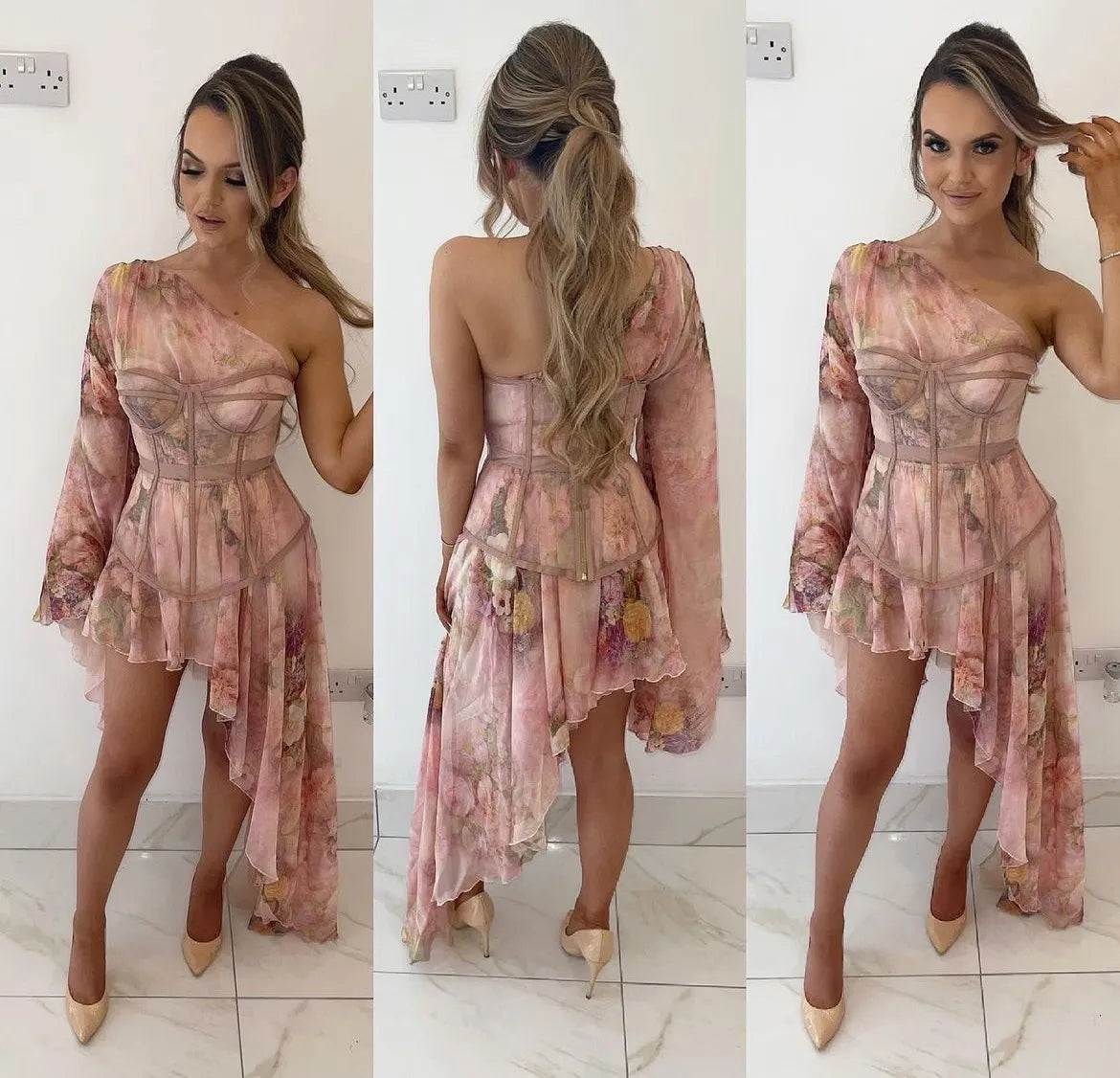 Floral Corset One Shoulder Dress