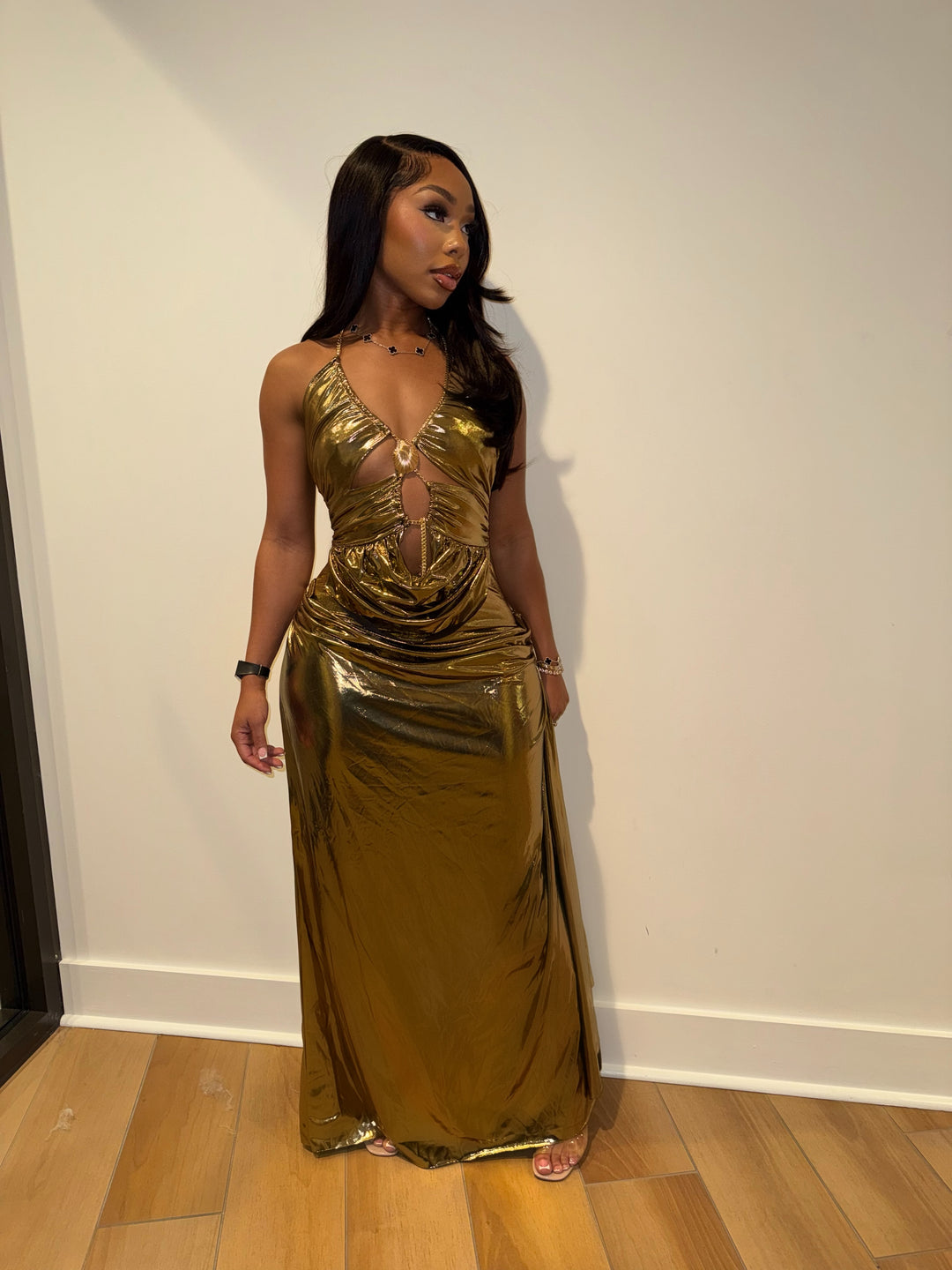 Gold Metallic Ruched Maxi Dress